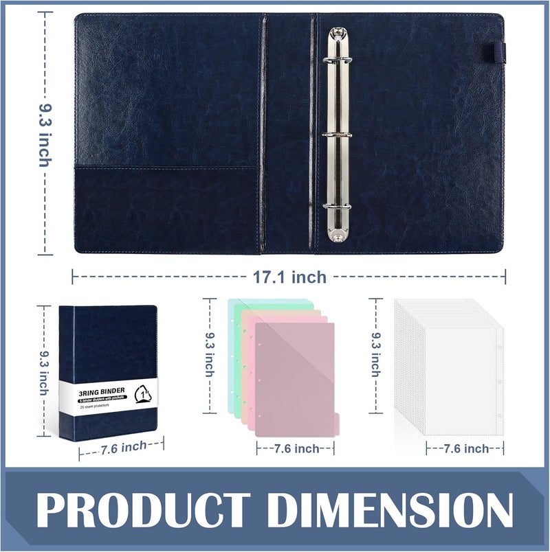 WANGDEFA （Half Size）Pu Leather Mini 3 Ring Binder with 5-Tabs Pocket Dividers & 25 Sheet Protectors 5.5 x 8.5 Professional Organizer Cute Organizer Binders 1" D Rings for Small Binder Paper School Office(Blue) - Image 2